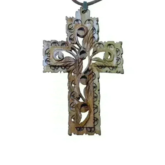 Beautiful Vintage Olive Wood Cross Pendant Hand Made Holy Land With 24” Necklace - Picture 4 of 6